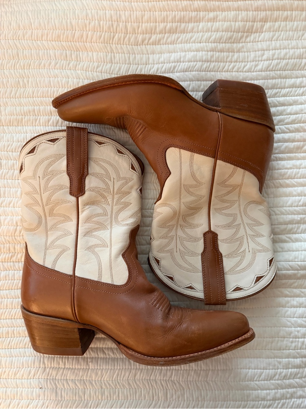 Tecovas Brown and Cream Leather Western Heel Boots